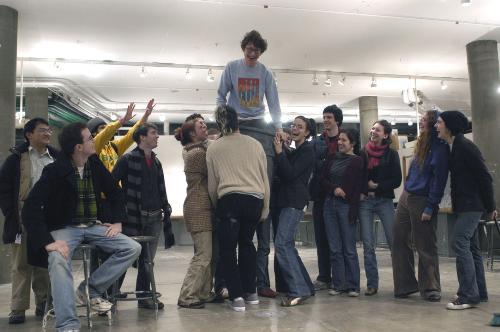 Members and supporters of Present! get crazy.