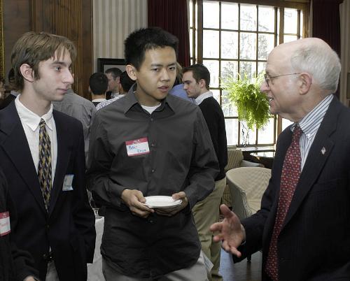  Jeff S. Bramson ’08 and Peter Zhou ’08 chat with Baker Professor of Economics Martin S. Feldstein ’61 in the Faculty Club yesterday.