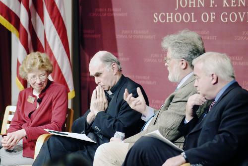 From left, Mary Jo Bane,  J. Bryan Hehir, Richard Parker, and Jim Wallis spoke yesterday at the John F. Kennedy Forum on “The Pope and the Future of Religion in Global Politics.”