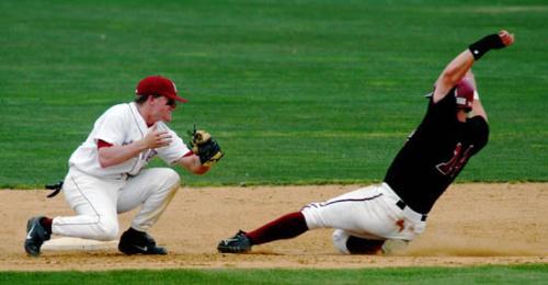 Second baseman Brendan M. Byrne ’07 tags out Jason Twomley during Harvard’s 11-5 win over UMass yesterday. 