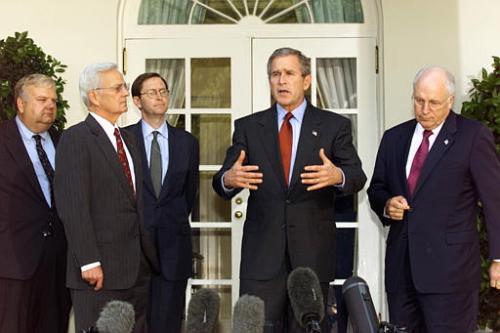 Hubbard, third from left, joins President George W. Bush, Vice President Dick Cheney, far right, and two senior economic advisers, in the White House  Rose Garden in Washington on October 5, 2001.