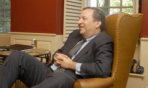 University President Lawrence H. Summers sits back for a lighter moment during an interview with the Crimson in June.  In his resignation letter, Harper criticized Summers for past comments on women and minorities.