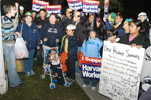 Members of the Student Labor Action Movement (SLAM) and children of Harvard workers trick or treat outside University President Lawrence H. Summers’ house, Elmwood, yesterday.