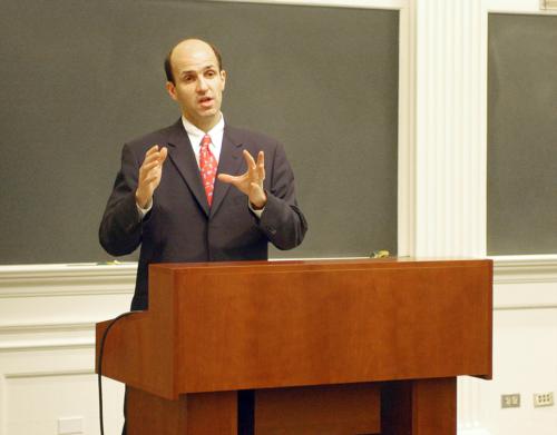 Thomas Gill, medical director for the Boston Red Sox, shared about his experiences working as a team physician and offered career advice to college undergraduates in Harvard Hall last night.
