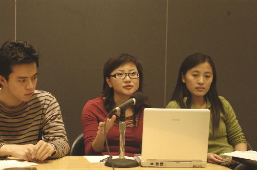Delegates from several Asian nations  participating in the Harvard College in Asia Project speak at the Fong Auditorium in Boylston Hall yesterday.