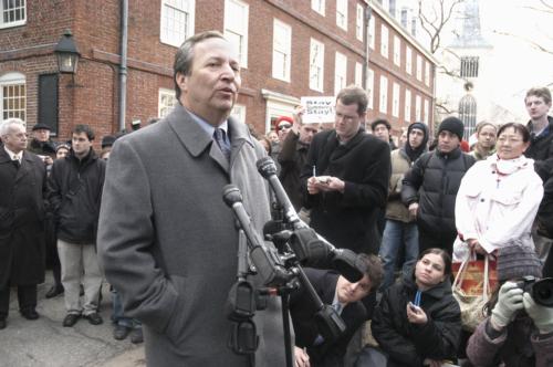 University President Lawrence H. Summers addresses a crowd outside
Mass. Hall following his resignation Tuesday. Professors had raised
concerns about a suit involving his friend, Jones Professor of
Economics Andrei Shleifer ’82.