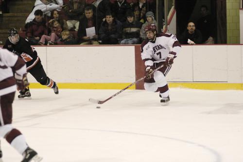 When Harvard faces St. Lawrence at 7 p.m. tonight at the Bright Hockey Center, Ryan Maki, shown here in earlier action, and the Crimson will be looking to extend their win streak against the Saints to six consecutive games.
