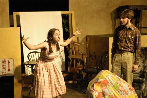  Lisa (Masha O. Godina ’08) tries to guess the mystery of her birthday gift from her father (Daniel J. Rienhart ’09), in a skit in “An Adult Evening with Shel Silverstein.”