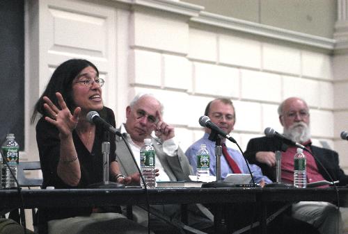 From left,  Elizabeth Spelke,  John Brockman, Seth Lloyd, and Daniel C. Dennett engage in a panel discussion of the book “What We Believe But Cannot Prove,” to which they all contributed, in Radcliffe’s Longfellow Hall yesterday.