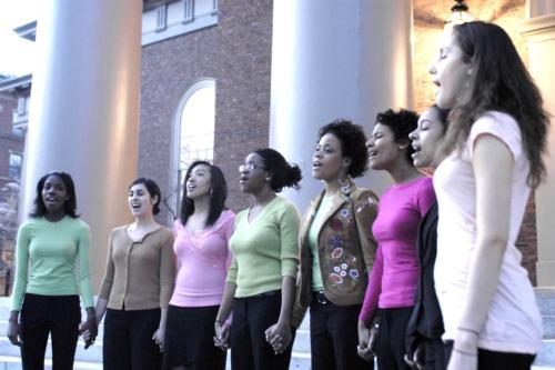 Members of the Kuumba Sisters perform on the steps of Memorial Church
yesterday at the "Take Back the Night" vigil. The performance capped
off a week of events.<br>
