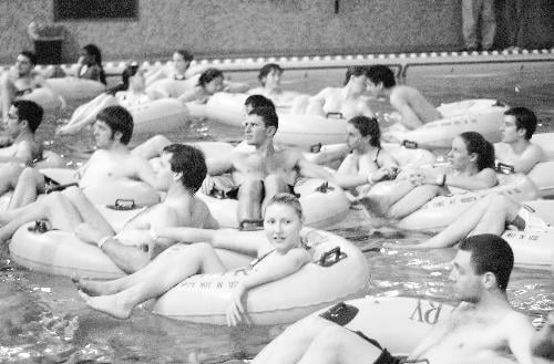 Students floated in inner tubes in the MAC pool while watching yesterday’s 7 p.m. screening of “Jaws.”