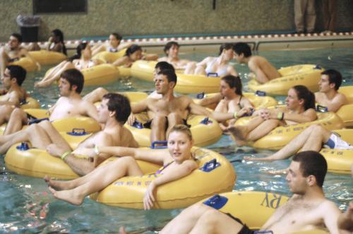 Students floated in inner tubes in the MAC pool while watching yesterday's 7 p.m. screening of 'Jaws.'<br>
