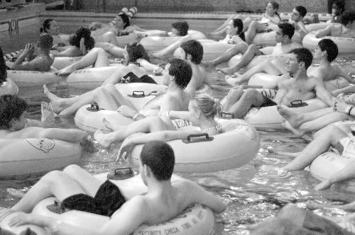 Committed students paid five dollars each to bob in the icy MAC pool for the two hour film.