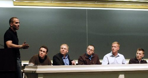 Student veterans discuss their experiences at a panel organized by Military Appreciation and Support at Harvard (MASH), titled “Through the Eyes of Soldiers,” in Emerson 105 last night.