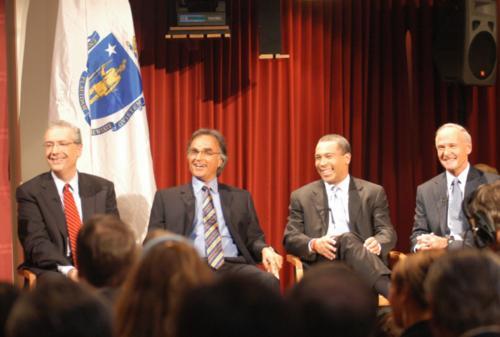 Mass. Gubanatorial candidates (left to right) Chris Gabrieli, Christy Mihos, Deval Patrick, and Tom Reilly debated on issues from taxes to education reform at the Institute of Politics JFK Jr. Forum last night. The televised debate was moderated by R. D. 