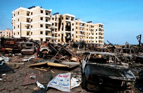 <font size=2><em> </em>
<p align=left>Wreckage of burnt cars parked in front of damaged buildings is seen in the town of Choueifat, at the southern edge of Beirut, Lebanon yesterday.</p></font>