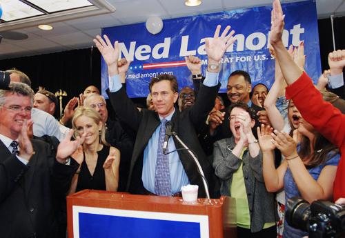 Ned Lamont '76 celebrates his victory over incumbent Sen. Joe Lieberman in the Democratic state primary at the Four Points Sheraton in Meriden, Conn. yesterday.