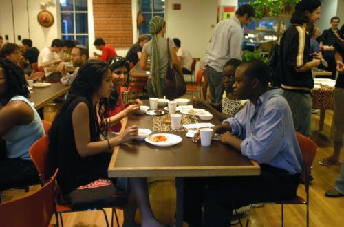 Caitlin A. Hartman ‘08 (far left), Kavita S. Shah ‘07, Elisabeth Y. Ndour ‘08, and Oluchukwuka A. Enuha ‘08 dine at an African-themed feast hosted by Hillel last night and co-sponsored by the African Students’ Association.