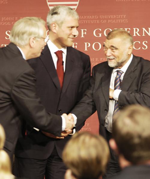 <font size=2> 
<p>Croatian President Stjepan Mesic shakes hand with Joseph McCarthy of the Kennedy School yesterday as President Boris Tadic of Serbia looks on. </font>The two leaders&nbsp;discussed the ongoing process of normalizing relations between So
