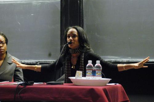 Actress Jada Pinkett-Smith, who sparked controversy last year for what some considered heteronormative    comments, spoke at a Harvard Foundation event on women and the media in the Science Center on Friday.