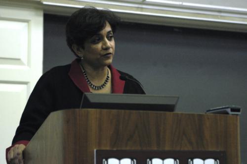 Geeta Rao Gupta speaks at the Anne Roe Lecture and Award Presentation about her book “Unlocking the Power of Women: Is Education the Key?” at the Graduate School of Education yesterday.