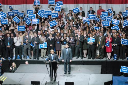Governor-elect Deval L. Patrick ’78 delivers his victory speech at the Hynes Convention Center in Boston last night. “This was a victory of hope,” Patrick told the assembled supporters. To Patrick’s left is longtime Worcester Mayor Timothy P. Murray, the 