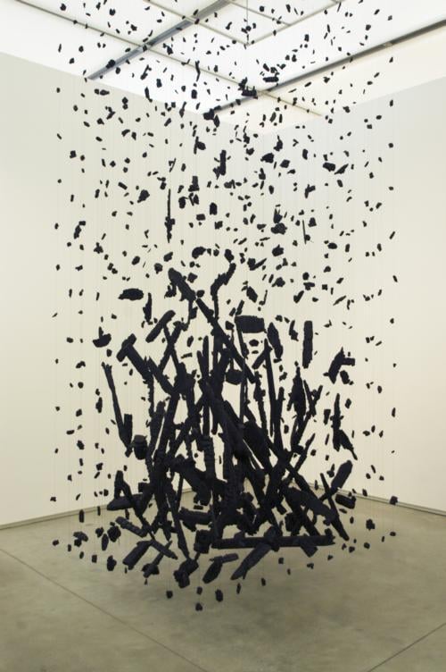 Cornelia Parker's "Hanging Fire (Suspected Arson)" (1999) in the ICA's permanent galleries.
