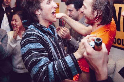 UC President-elect Ryan A. Petersen ’08 and his running mate Matthew L. Sundquist ’09 celebrate at their campaign headquarters in Currier House after the official results of the UC election were announced last night.