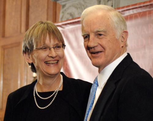 University President-elect Drew Gilpin Faust is congratulated by Interim President Derek C. Bok after holding her first official press conference. Bok--Harvard's 25th president--returned to office when Lawrence H. Summers--Harvard's 27th president--resign