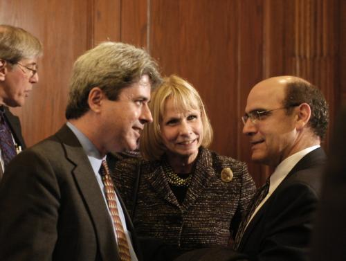 Secretary of the University Marc L. Goodheart ’81 speaks with Overseer Frances D. Fergusson and Vice President and General Counsel Robert Iuliano.