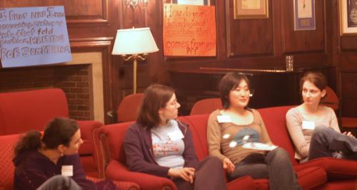 Susan I. Putnins ‘08, Eunice Yang ‘08, and Faith E. Sadar ‘08 chat at a “Dessert and Debriefing” event held last night in Eliot House as part of the Mental Health Advocacy and Awareness Group’s Tell Your Story Day.