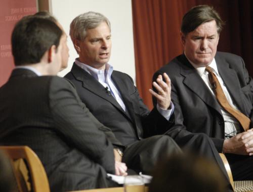 Mark Halperin ’87 (left) moderates the discussion “Campaign 2008: Looking Ahead,” which included Rick Davis (middle), senior campaign adviser for John McCain, and Chris Henick (right), senior campaign adviser for Rudy Giuliani. (right).
 RICK DAVIS, Seni