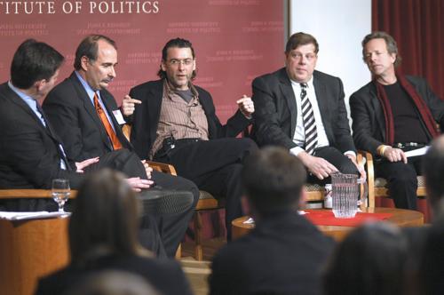 Mark Halperin ‘87 moderates a forum with senior stategists for top Democratic presidential candidates at the Institute of Politics yesterday.