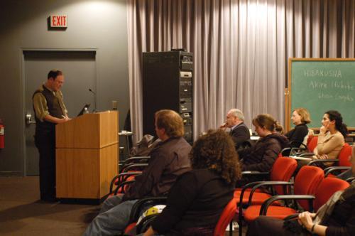 James Hoberman speaks about his forthcoming book "Hollywood and the Making of the Cold War" at the Carpenter Center yesterday.