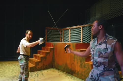 Jon E. Gentry ’07 and Alexander J. Berman ’10 crossed swords as Brutus and Cassius in ‘Julius Caesar,’ which ran through March 24 in the Loeb Ex. Co-director Winter Mead ’08 specially adapted the script of William Shakespeare’s famous play for this produc