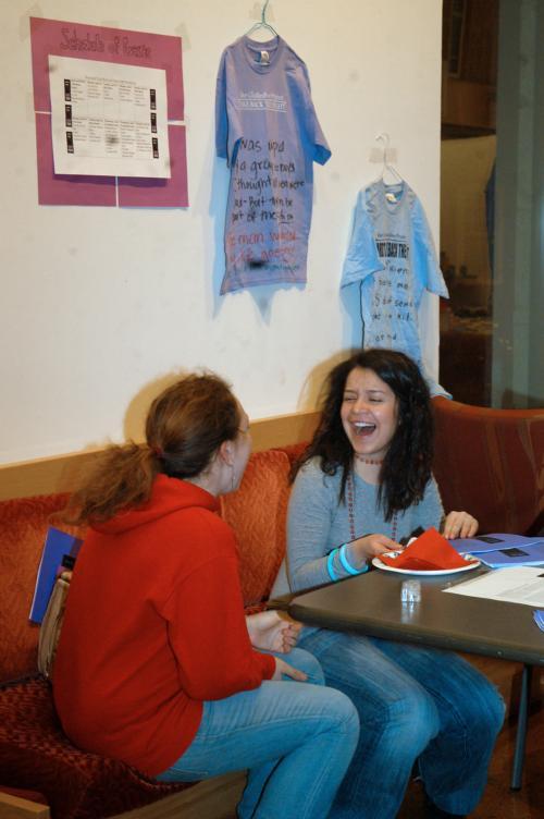 Students Aviva J. Gilbert ’07 and Wendy S. Cortez ’07 mingle in Ticknor Lounge to celebrate the launch of “Take Back the Night,” an 11-day series devoted to raising awareness about sexual assault and domestic violence. 