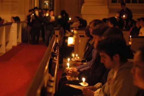 Students commemorate this week's deaths in the Virginia Tech shooting during a vigil in Memorial Church last night.