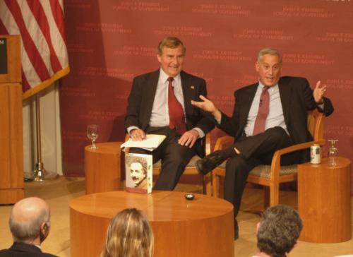 President and CEO of the Aspen Institute Walter S. Isaacson ’74, right, talks about his book “Einstein: His Life and Universe” at the IOP Forum with Dillon Professor of Government Graham T. Allison Jr. last night.