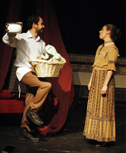 Alexander J. Berman ’10 and Julia Beauchamp, a junior at Emerson College, perform during the Adams House “French Farce Fest” in Adams Pool Theater Saturday evening.