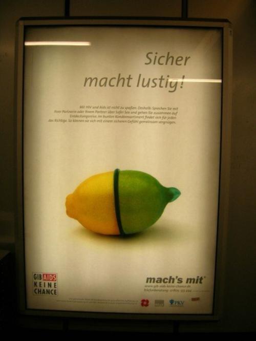 One of many pro-condom ads on the S- and U-Bahn promoting safe sex by putting condoms on vegetables and fruits.