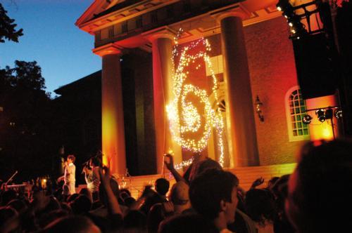 Paul and Joe DeGeorge, who comprise the band Harry and the Potters, perform in front of a huge crowd in Tercentenary Theater Friday night, the eve of the release of "Harry Potter and the Deathly Hallows," the seventh and final book in J.K. Rowling's hit s