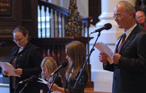 Members of President Faust’s family read a selection from Dr. Seuss' "Oh, the Places You'll Go!" at a Thanksgiving service inside Memorial Church on Friday morning. From left to right, daughter Jessica Rosenberg '04, nieces Lili and Tyson Gilpin, and brot