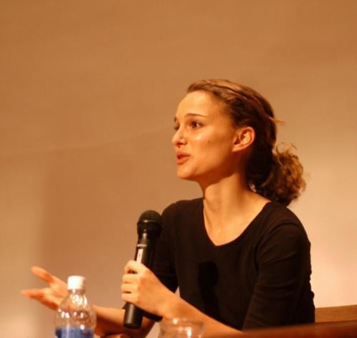 Natalie Portman ’03 speaks yesterday at Harvard Business School.