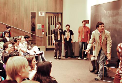 Freshmen and their parents enjoy a performance by an improvisation comedy troupe, the Immediate Gratification Players (IGP), on Saturday night in the Fong Auditorium as part of the festivities organized for Freshman Parent’s Weekend. 