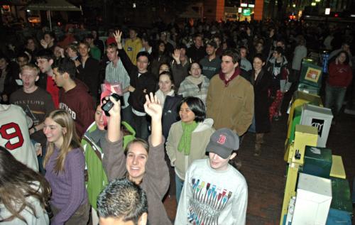 Sox fans storm the square to celebrate their team’s second World Series title in four years. They proudly chanted the names of their icons and sang a rendition of Neil Diamond’s“Sweet Caroline.”