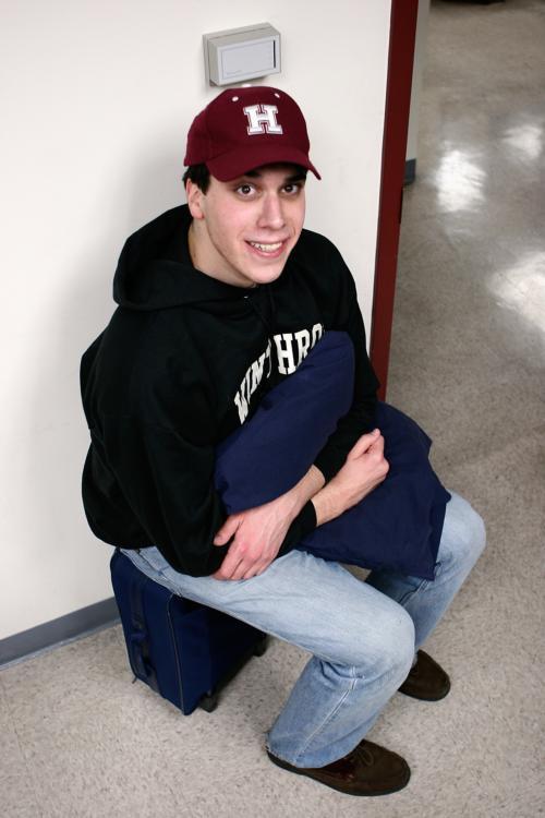 Goldenberg, pictured with safety blanket, safety pants, safety luggage.