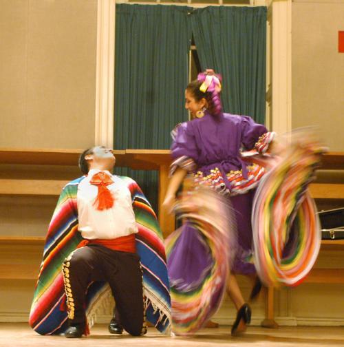 Members of Mexican dance group Ballet Folklorico de Aztlan perform a dance at “The Sights and Sounds of Mexico” event Saturday in Leverett.