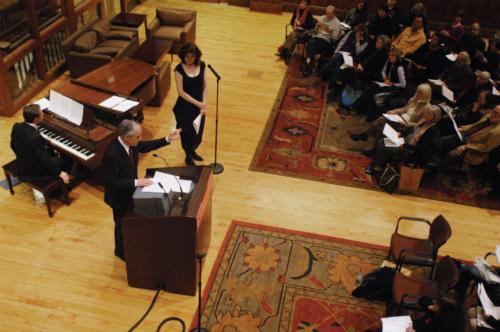 Robert Darnton, the new director of the Harvard University Library, discusses the historical relevance of French songs, which were performed by Helene Delavault and George H. Blaustein at “A Lecture Cabaret” in the Radcliffe Gymnasium last night. 