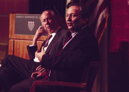 Former University President Lawrence H. Summers, seated alongside moderator and Kennedy School professor David R. Gergen, answers a question at the Young Global Leaders Forum last night.