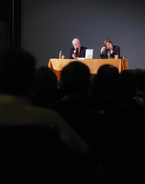 Bob Ryan and Samantha Power discuss late journalist David Halberstam at the Brattle Theatre in a screening organized by the Harvard Bookstore yesterday.